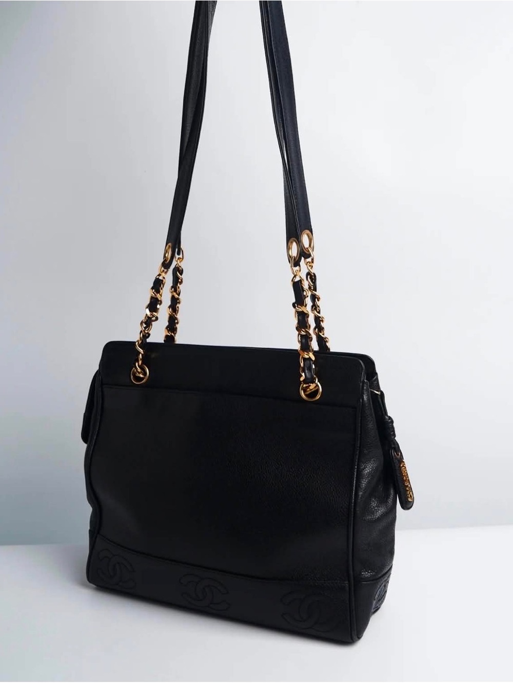 CHANEL Black Leather Shoulder Bag with Gold Chain Straps